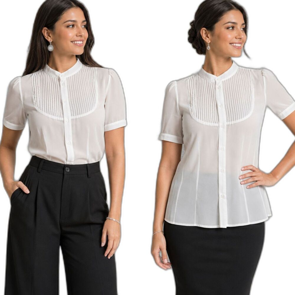 Sheer Chiffon Pleated White Button Blouse XS S Nicole Miller Office Western Boho